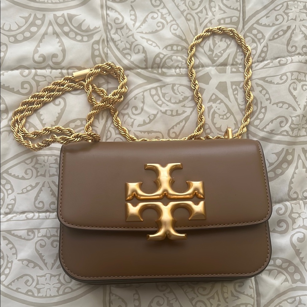 Tory Burch Brown Eleanor Green Interior Accent Gold Chain Crossbody Shoulder Bag